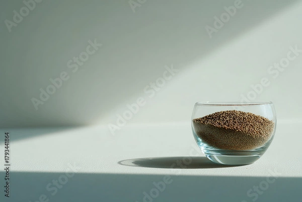 Fototapeta minimalistic composition featuring crystalclear glass bowl filled with grains on clean white background
