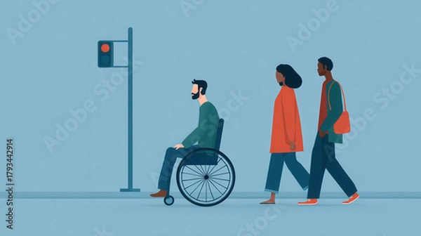 Fototapeta powerful depiction of ai guiding wheelchair through urban landscape emphasizing freedom and independence