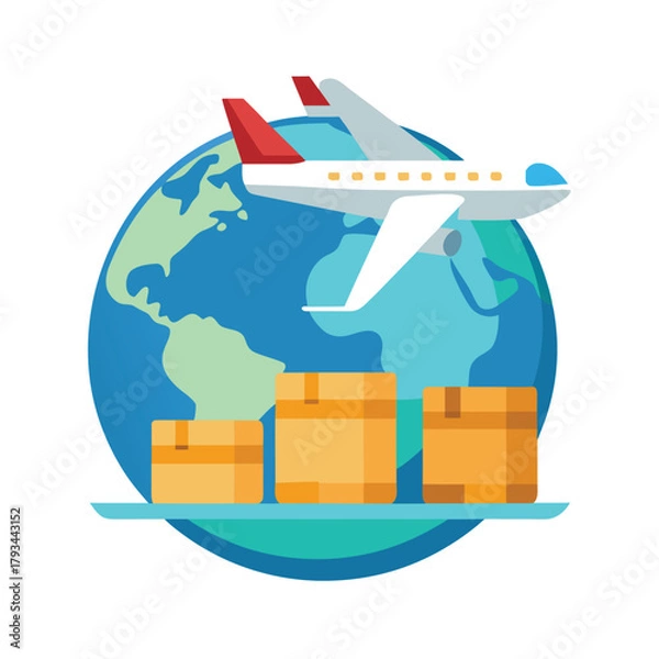 Obraz Delivery airplane carrying cargo boxes flat vector icon on white background