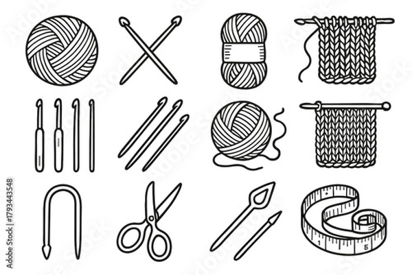 Fototapeta Icons icon yarn knitting skein tools wool craft vector measuring needles tape