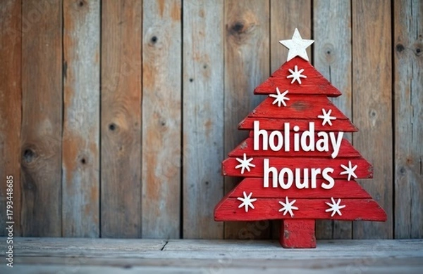 Obraz Red wooden Christmas tree decoration displays holiday hours text. Rustic sign with snowflakes on weathered planks. Seasonal retail shop information. Festive copy space.