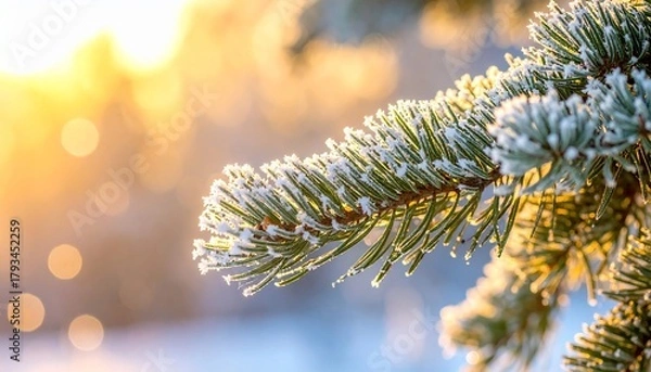 Fototapeta Frosted Pine Branches Glowing in Golden Morning Light – Cozy Winter Nature Macro Photography with Warm Bokeh and Festive Atmosphere
