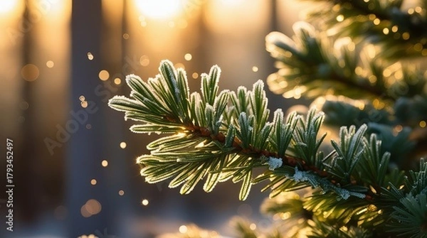 Fototapeta Frosted Pine Branches Glowing in Golden Morning Light – Cozy Winter Nature Macro Photography with Warm Bokeh and Festive Atmosphere
