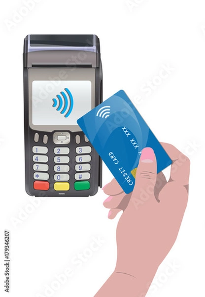 Fototapeta POS Terminal with hand and credit card. Contactless payment