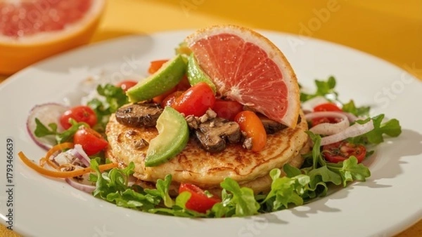 Fototapeta Fresh salad with grilled chicken, avocado, cherry tomatoes, radish, and grapefruit slice on a white plate.