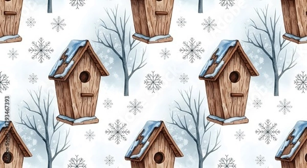 Fototapeta Winter pattern featuring birdhouses and snowflakes on light background  