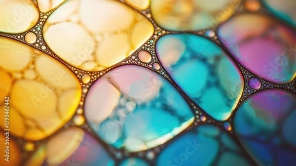 Fototapeta Optical interference grid oil droplets water surface iridescent colors thin-film patterns light diffraction prismatic cellular structure microscopic physics phenomena