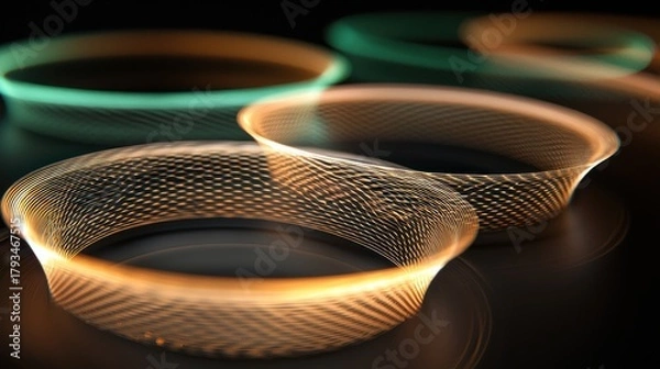 Obraz Interference laser rings golden amber emerald green atmospheric patterns overlapping circles geometric optical diffraction phenomena three dimensional space