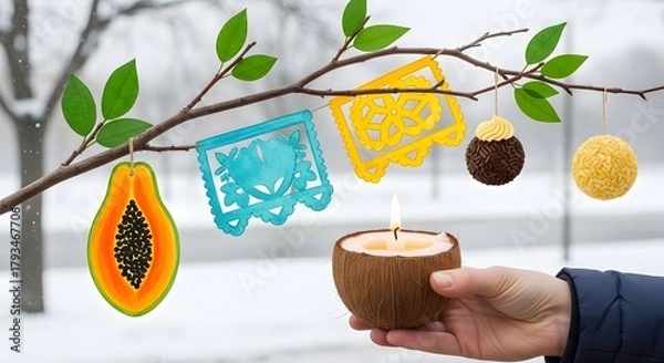 Obraz Decorative branch with colorful ornaments and candle in winter setting  