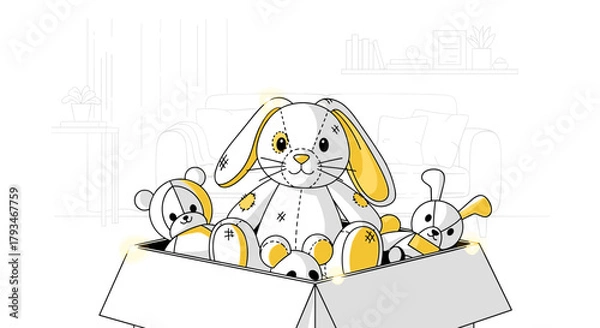 Obraz Cute toy bunny and stuffed animals in a cardboard box at home  