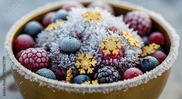 Obraz Frosted berries with decorative snowflakes in a golden bowl  