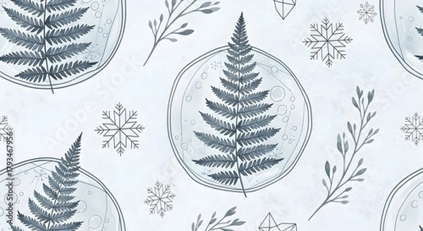 Fototapeta Fern and snowflake pattern on light blue background  