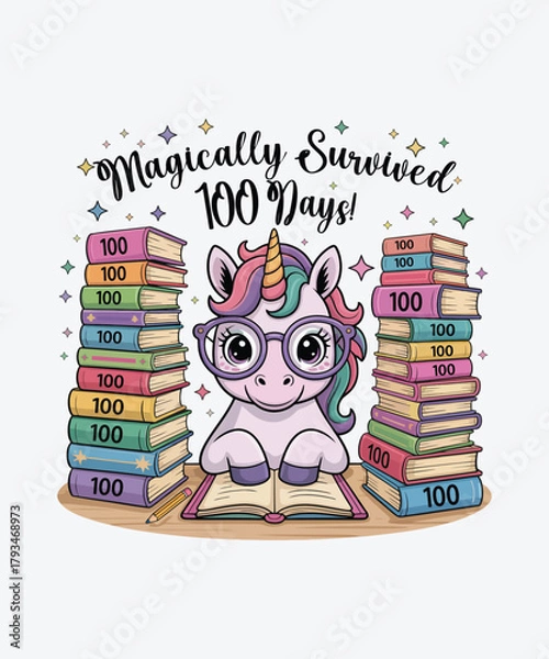 Obraz Cute Unicorn Reading Books – Magically Survived 100 Days Illustration