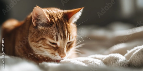 Obraz Orange cat resting on a soft blanket, bathed in gentle sunlight with a peaceful expression