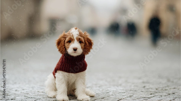 Obraz cheerful dog wearing festive christmas sweater sits happily on doorstep essence of holiday joy