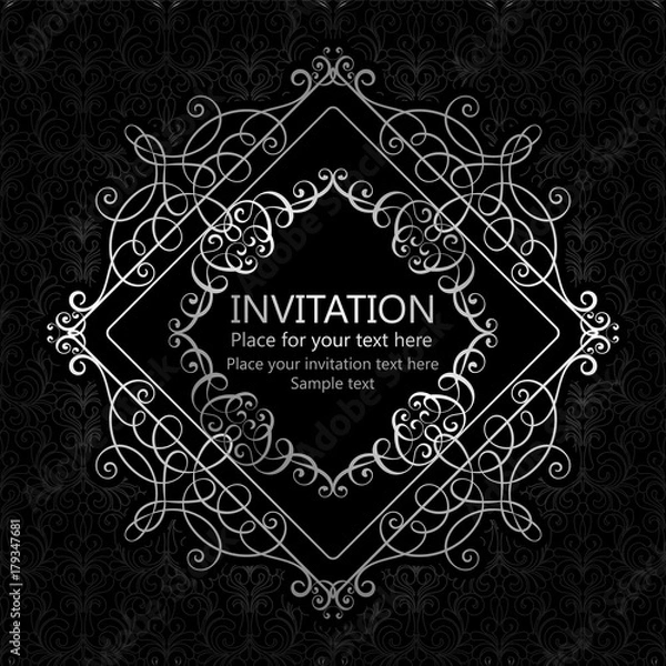 Fototapeta Abstract background with calligraphic luxury silver flourishes and vintage frame, victorian banner,wallpaper ornaments, invitation card, baroque style booklet, fashion pattern, template for design.
