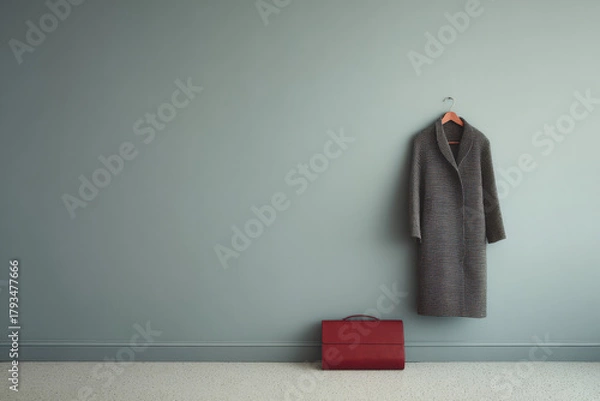 Obraz pristine white wall provides perfect backdrop for stylish coat elegantly hanging on hanger