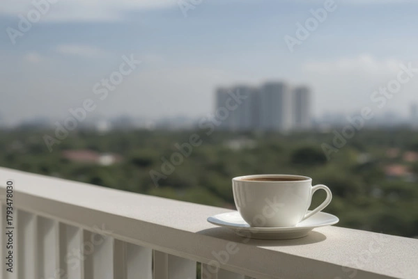 Obraz refreshing breakfast on balcony overlooking bustling city skyline featuring steaming cup of coffee in bright cup