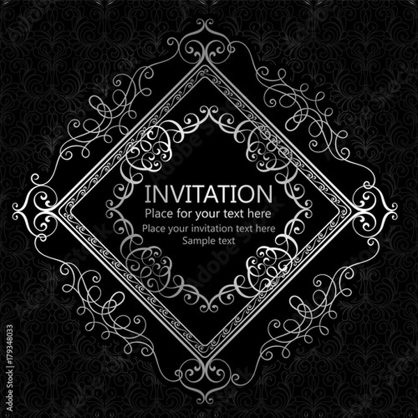 Fototapeta Abstract background with calligraphic luxury silver flourishes and vintage frame, victorian banner,wallpaper ornaments, invitation card, baroque style booklet, fashion pattern, template for design.
