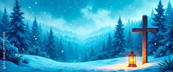 Obraz Christmas nativity illustration with wooden cross and lantern in snowy pine forest, symbolizing faith and holiday season.