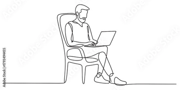 Obraz Continuous line drawing of a bearded man working on a laptop while comfortably seated on a chair, showcasing remote work, digital lifestyle, and minimalist design concept Vector