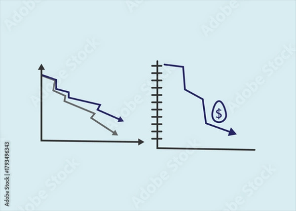 Fototapeta graph with decrease report diagram with recession and bankruptcy progress business and finance vector icons