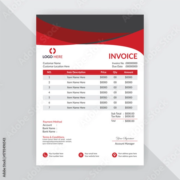 Fototapeta Professional corporate business invoice design with abstract geometric shapes, Print accounting or finance documents ready for payments and budgeting. Modern and creative office invoice template