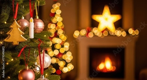 Fototapeta Cozy Christmas Tree Decorations by the Fireplace with Warm Bokeh Holiday Lights