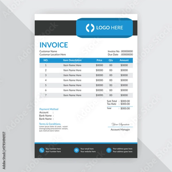 Fototapeta Professional corporate business invoice design with abstract geometric shapes, Print accounting or finance documents ready for payments and budgeting. Modern and creative office invoice template