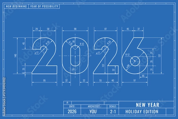 Obraz Blueprint style drawing of the number 2026. New Year greeting card