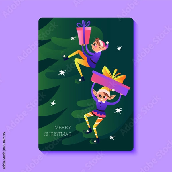Fototapeta Christmas elves with spruce branches. Greeting card. Santa Claus helper. Cute characters with gifts. Festive elves. Vector illustration.