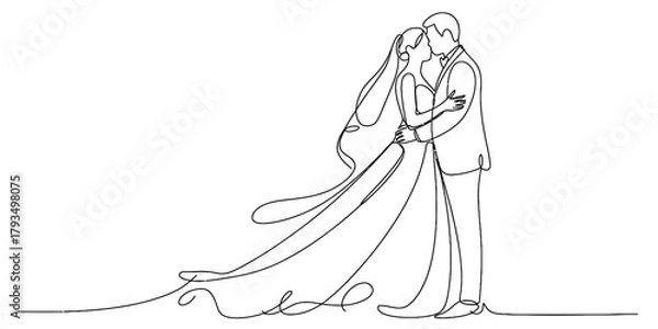 Fototapeta Continuous line drawing of a loving bride and groom sharing a tender kiss, embracing on their wedding day, symbolizing eternal love and commitment Vector