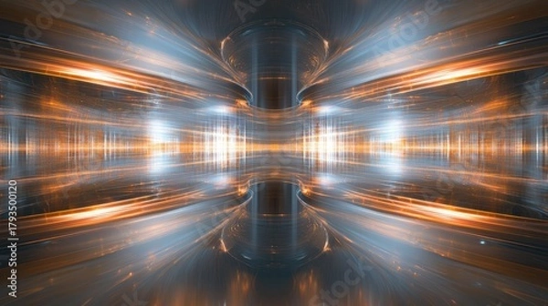 Obraz Optical coherence bands laser interference patterns with symmetrical light burst radiating through cylindrical reflective surfaces creating dynamic streaks motion blur