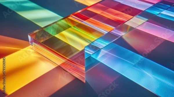 Obraz Laser beam modulation through transparent prism generating vibrant rainbow interference patterns with chromatic dispersion across geometric optical surfaces technology