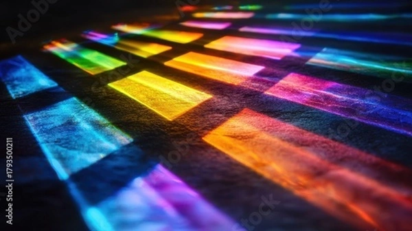 Fototapeta Diffraction order spectra laser interference patterns colorful light dispersion rectangular geometric shapes dark surface optical physics wavelength separation rainbow spectrum