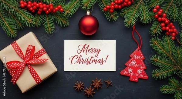 Fototapeta Elegant Merry Christmas Card with Gift, Fir Branches, and Ornaments on a Dark Background