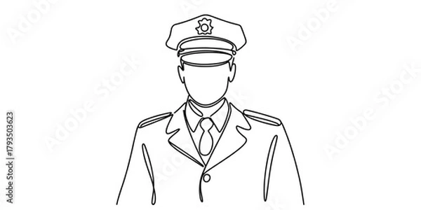 Obraz Continuous line art drawing of a male police officer in uniform with cap and badge, symbolizing law enforcement, security, and public safety on a clean ground Vector