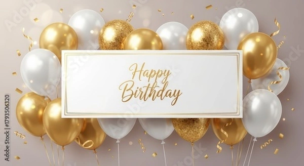 Obraz Luxury Happy Birthday Greeting Card or Banner with Golden and White Balloons, Confetti, and Elegant Gold Frame on a Soft Background