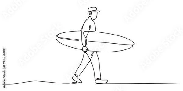 Obraz Surfer in a cap carrying surfboard, walking along the beach, depicted in a modern continuous single line art style, minimalist illustration on white background Vector