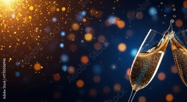Obraz Two Champagne Glasses Toasting with Splash Effect on a Dark Blue Background with Golden Glitter and Bokeh Lights, Celebrating New Year's Eve or Anniversary