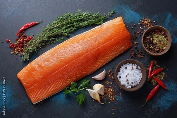 Fototapeta a whole raw salmon fillet on a dark background with spices and vegetables, top view. fishing products for cooking or menu design concept.