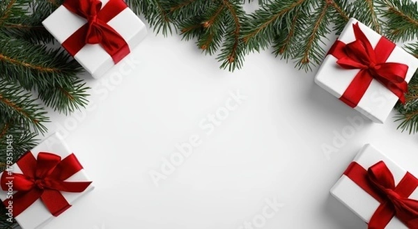 Fototapeta christmas and new year background with white gift boxes, red ribbons, christmas tree branches, and decorations on the edges of the photo. flat lay, top view with space for text or decoration. 