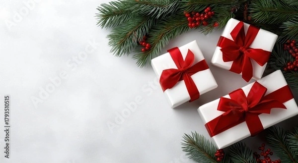 Fototapeta christmas and new year background with white gift boxes, red ribbons, christmas tree branches, and decorations on the edges of the photo. flat lay, top view with space for text or decoration. 
