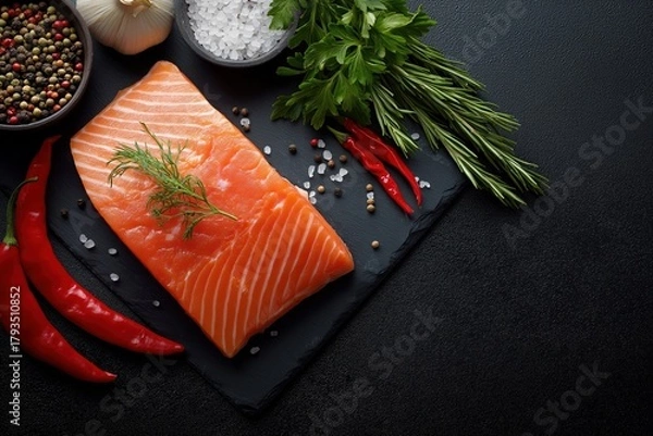 Fototapeta a whole raw salmon fillet on a dark background with spices and vegetables, top view. fishing products for cooking or menu design concept.