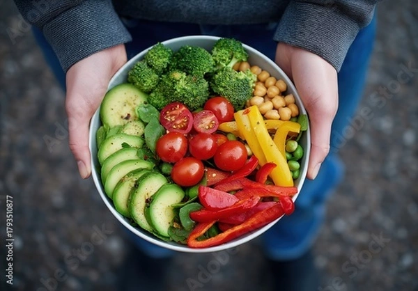Fototapeta top view of a woman's hands holding a colorful, fresh, and healthy food bowl with avocado, cherry tomatoes, broccoli, and chickpeas on a grey background.