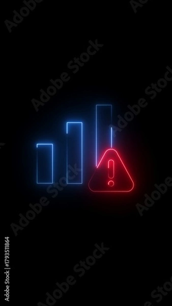 Fototapeta Neon signal bars with red warning triangle on black background graph chart