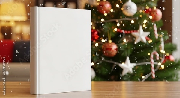 Obraz A blank white book stands in front of a decorated Christmas tree with falling snow.