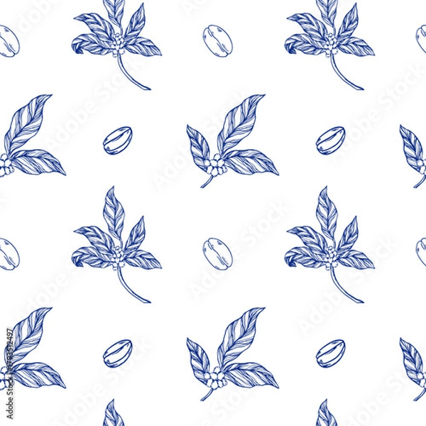 Fototapeta Seamless vector pattern with coffee plant branches, leaves, flowers, and berries in elegant toile de jouy style. Perfect for wallpaper, fabric, wrapping paper, coffee shop decor, and packaging design.