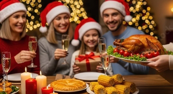 Fototapeta Happy Family Wearing Santa Hats Toasting Champagne Glasses at Christmas or Thanksgiving Dinner Table with Roasted Turkey, Food, and Bokeh Lights