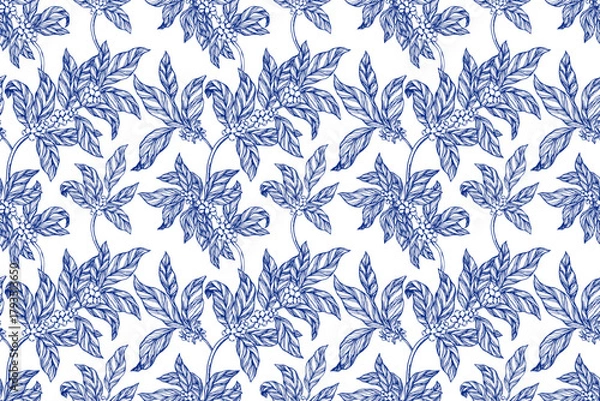 Fototapeta Seamless vector pattern with coffee plant branches, leaves, flowers, and berries in elegant toile de jouy style. Perfect for wallpaper, fabric, wrapping paper, coffee shop decor, and packaging design.